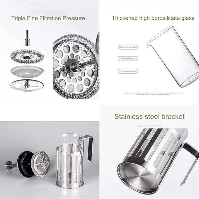 French Press Coffee Maker 304 Stainless Steel Coffee Press 4 Level Filtration System Heat Resistant Thickened Borosilicate Glass Easy Clean BPA Free