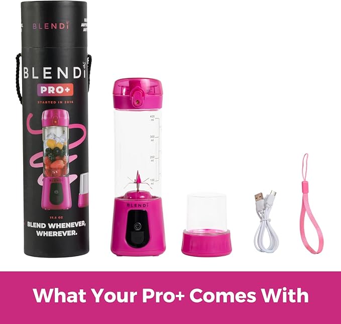 BLENDi Pro+ Portable Blender (New 2025 Model 17.5oz Hot Pink) – Upgraded Ice Crushing 120W Motor USB-C Rechargeable Cordless Personal Blender Smoothies &amp Shakes – BPA-Free Travel-Friendly