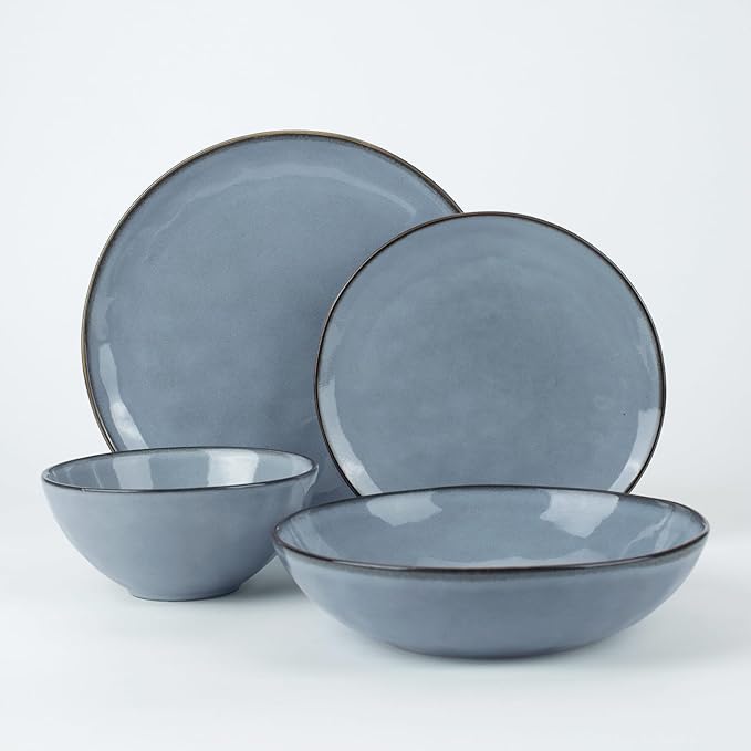 Famiware Ocean Round Plates and Bowls Sets for Kitchen 16-Piece Dinnerware Sets for 4 Reactive Glaze Blue