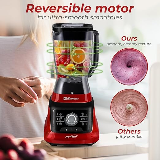 Koblenz Bob Countertop Blender 1400 Watt Stainless Steel Reversible Blade 6 Smart Programs Variable Speed &amp Pulse 68 oz Jar Personal Blender To-Go Cup Tamper Ultra-Quiet Black/Red LKM-96
