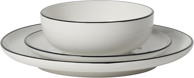 Gibson Home Havenstone 12-Piece Porcelain Dinnerware Set – Dinner Plates Salad Plates &amp Bowls Classic White With Black Rim Everyday Dish Set for Home Kitchen Microwave &amp Dishwasher Safe