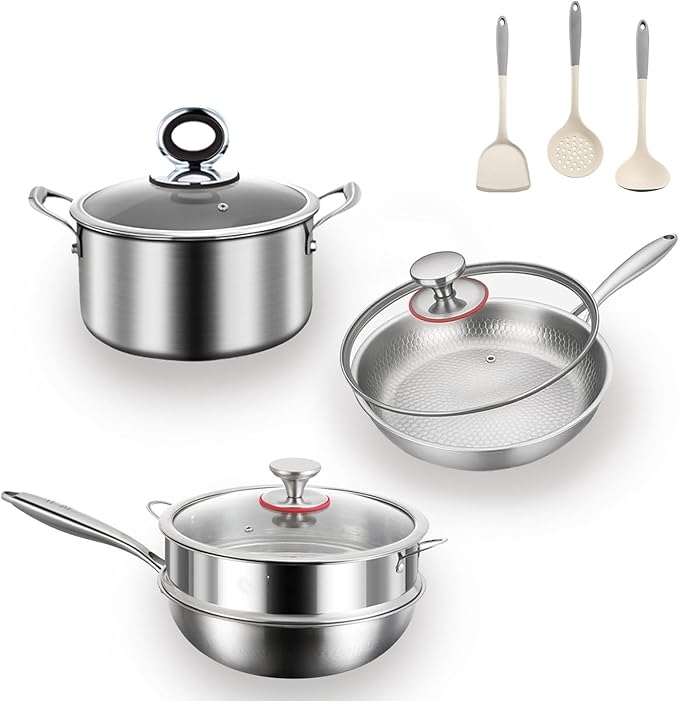Titanium Hammered Pro Cookware 3 Piece Set Pan &amp Soup Pot And Wok with Steamer Nonstick No-Coat Technology Ultra-Durable Even Heating Frying Pans Compatible with All Cooktops3 piece set