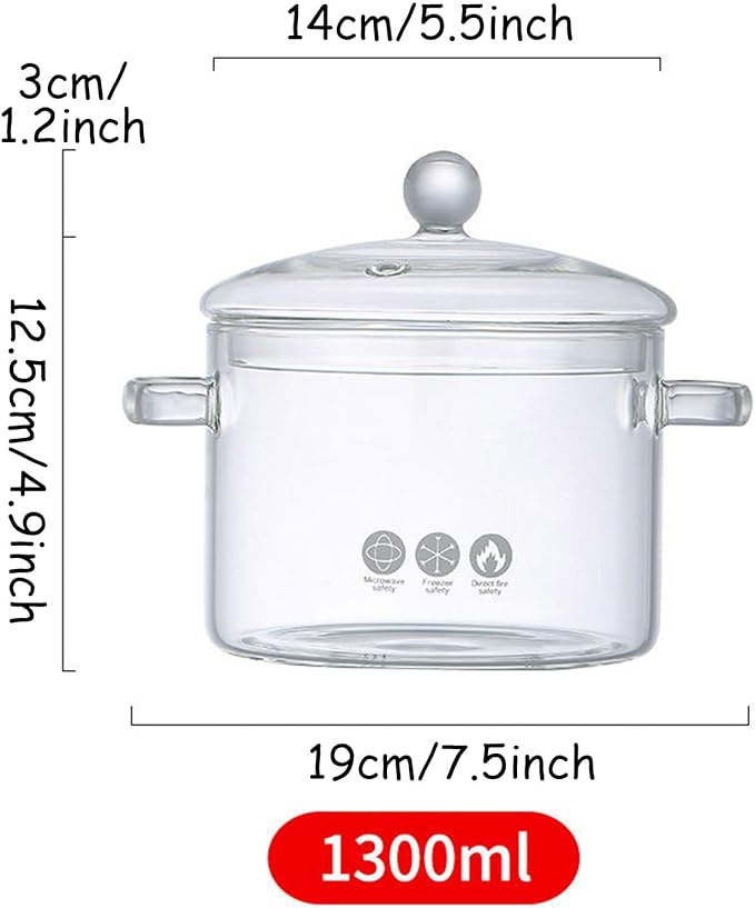 Glass Cooking Saucepan with Handle 1.3L 1.5L 2L Heat Resistant Glass Pot and Pan with Lid Clear Glass Cooking Pot Cookware Set for Pasta Noodle Soup and Food1300ML