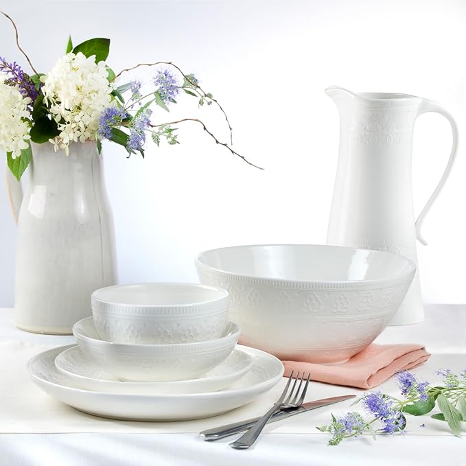 Euro Ceramica Fez Collection Stoneware Durable White 16-Piece Double Bowl Dinnerware Set Teardrop Mandala design Service for 4 with two sizes bowls assorted
