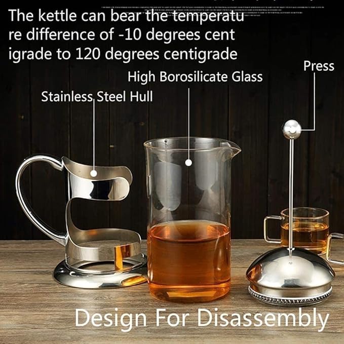 French Press Coffee Maker | Stainless Steel Coffee Press Pot Layer Filters for Pour Over Brewing | Borosilicate Glass (Clear)