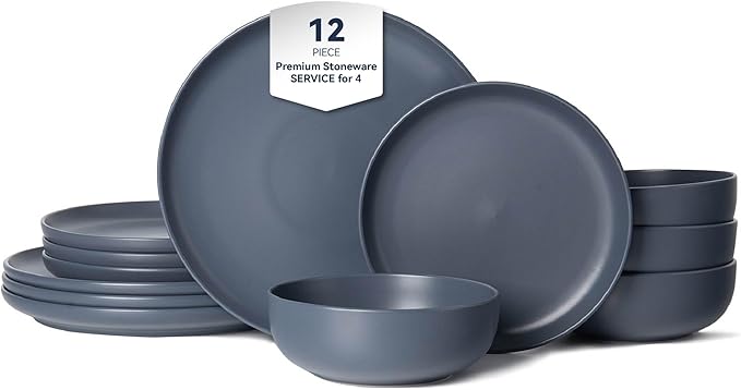 12-Piece Stoneware Dinnerware Set for 4 | Microwave &amp Dishwasher Safe | Non-Toxic Stackable Matte Finish Plates and Bowls | Chip-Resistant Ceramic Dinner Set with Modern Design