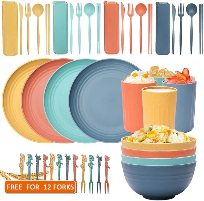 Wheat Straw Bowls Cups And Plates 32-Piece Cutlery Set Wheat Straw Dinnerware Sets 32 Piece Unbreakable Wheat Straw Dinnerware Sets Reusable Wheat Straw Plates And Bowls Sets (Multicolor)