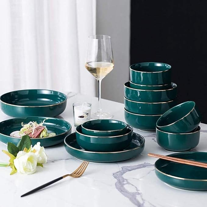 Dinner PlatesPottery Tableware26 Pieces Dark Green Phnom Penh Ceramic Dinner Set for 3-6 People