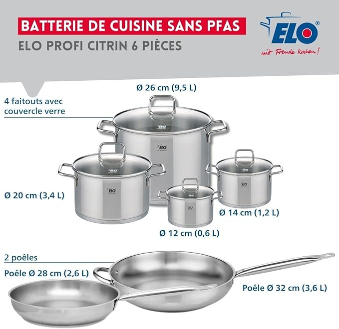 ELO 9510450 6-Piece Cookware Set 2 Frying Pans 28 and 32 cm and 4 Saucepans 12 14 20 and 26 cm Elo Profi Citrine Stainless Steel Induction
