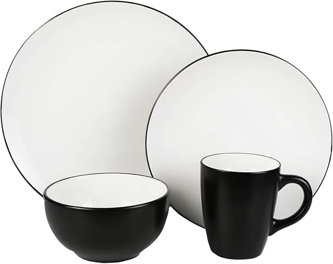 American Atelier Bistro Casual Round Dinnerware Set – 16-Piece Stoneware Party Collection w/ 4 Dinner Salad Plates 4 Bowls &amp 4 Mugs – Unique Gift Idea White/Black