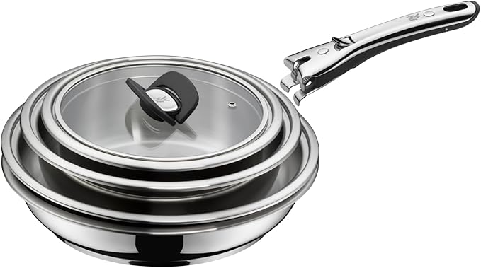 WMF Click&ampServe Induction 7-Piece Saucepan Set Removable Handle Cooking Pot Set with Glass Lid Frying Pan Cromargan Stainless Steel