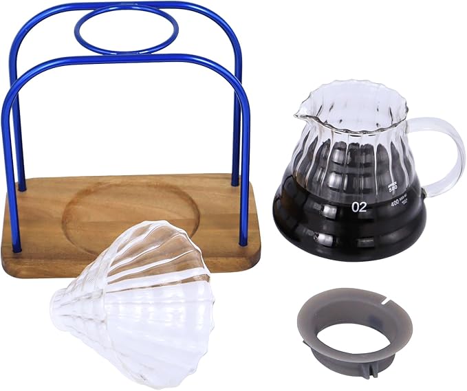SOTECH Pour on coffee drips filter Wooden stand Glass sharing pot with paper filter coffee tea and saffron set (blove)