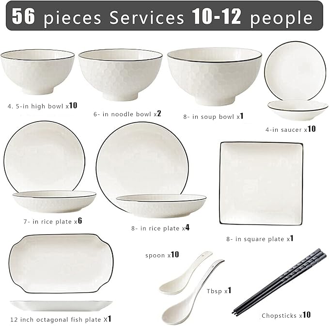 56-Piece White Dinnerware Sets European Dinner Plate And Bowl Set Table Service For 10-12 Penh High-End Tableware Set Microwave Safe Dessert/Soup/S