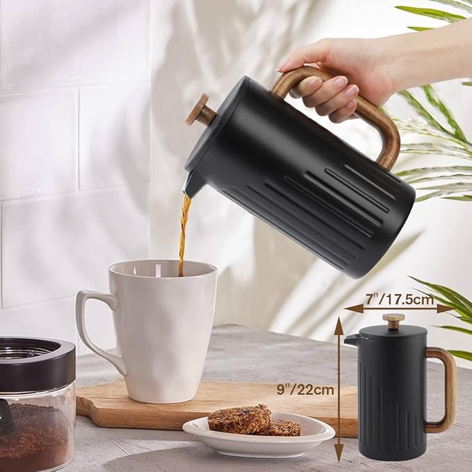 Rorence 34oz French Press Coffee Maker Coffee Press with Real Wood Handle &amp Plunger Head Double Wall Insulation &amp Dual-Filter Screen incl. replaced filters &amp instructions Black