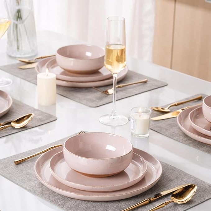 AmorArc Ceramic Dinnerware Sets for 4 12 Pieces Handpainted Plates and Bowls Set with Rustic Terracotta Underside Scratch Resistant Stoneware Dishes Set Dishwasher &amp Microwave Safe