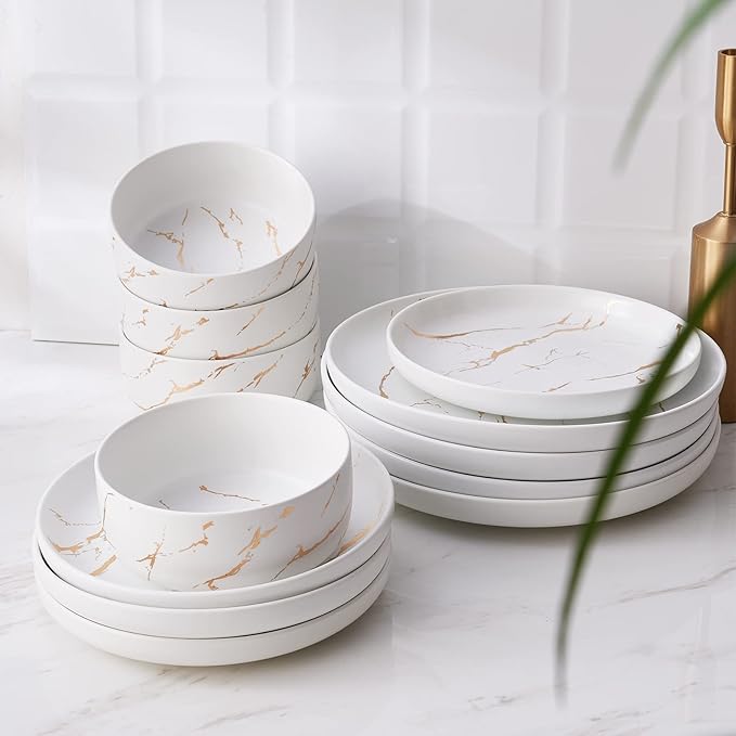 White Gold Splash Dinnerware Sets 12 Pieces Fine China Marble Plates and Bowls Sets Modern Porcelain Dish Set for 4 Luxury Dinner Set for Formal Dinners and Weddings