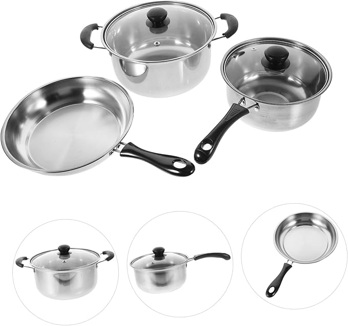 1Set Stainless Steel Cookware Set Kitchen Cookware with Soup Pot Frying Pan and Milk Pot Multi Function Cooking Everyday Use Easy to Clean