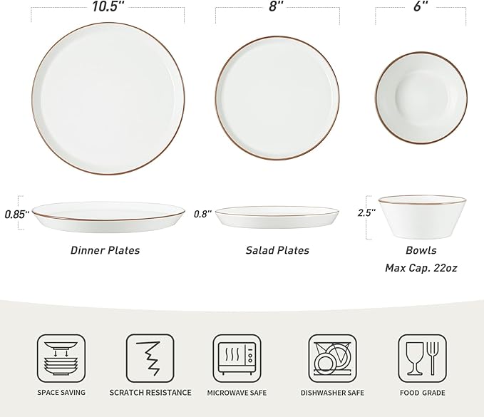 Famiware Saturn Dinnerware Sets Speckled Plates and Bowls Sets for 4 12 Pieces Stoneware Dish Set - Chip and Scratch Resistant Microwave and Dishwasher Safe Tableware Set White with Rim
