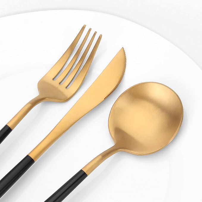 Matte Gold Silverware Set with black handle Vanys 30 Piece Stainless Steel Cutlery Flatware Set Kitchen Utensil Sets for 6 Tableware With Knife Spoons And Forks Set Satin Finished Polished