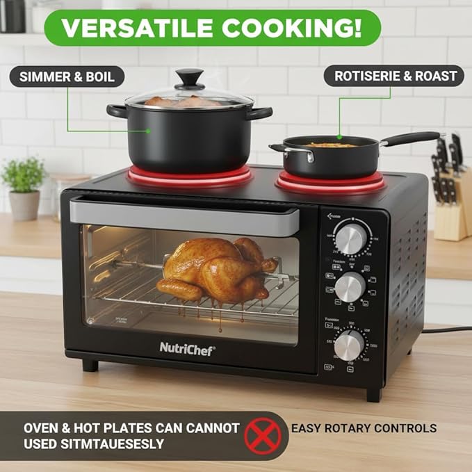 NutriChef 30 Quart Kitchen Convection Oven &amp 2 Burner Cooker - 1500 Watt Oven - 7 Cook Functions Rotisserie Cook Bake Broil &amp More - Includes Baking Tray Skewers &amp Handles - 19.6 x 16.