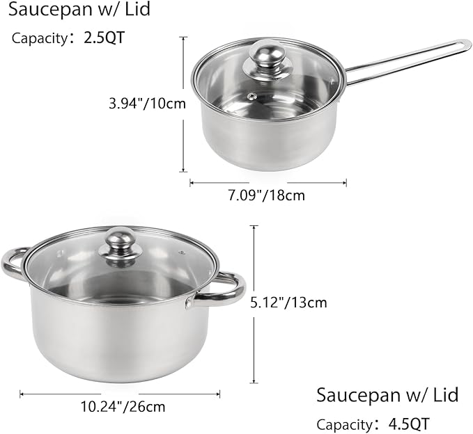 Pots and Pans Set Stainless Steel Cookware Set 7 Piece Induction Ready Kitchen Cooking Set Includes Saucepans Stockpot Steamer &amp Strainer Basket Glass Lids Dishwasher &amp Oven Safe 500F
