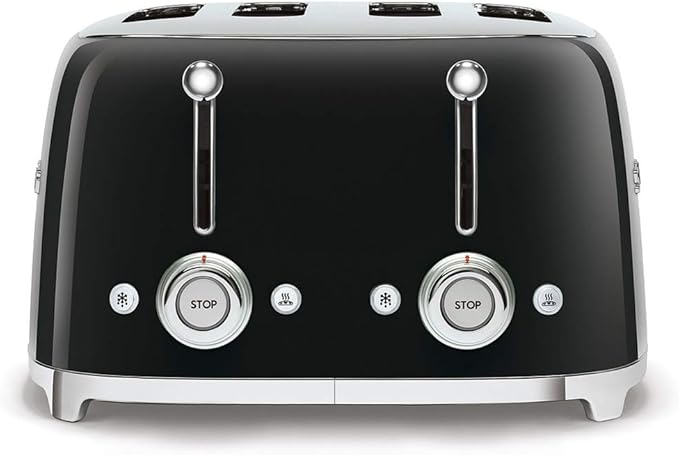 Smeg 50s Retro 4-Slot Toaster TSF03BLUS Bundle with Bamboo Tongs - Black