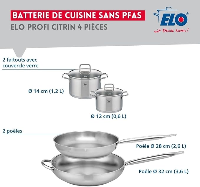 ELO 9508250 Cookware Set 4 Pieces 2 Frying Pans 28 and 32 cm and 2 Saucepans 12 and 14 cm Elo Profi Citrine Stainless Steel Induction