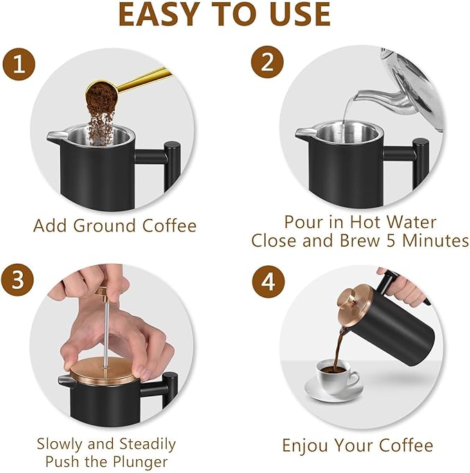 Black Mini French Press Coffee Maker 12oz Single Cup French Press with Rose Gold Lid 3 Extra Filters &amp 1 Gold Spoon(350ml Compact Travel Size) Dishwasher Safe