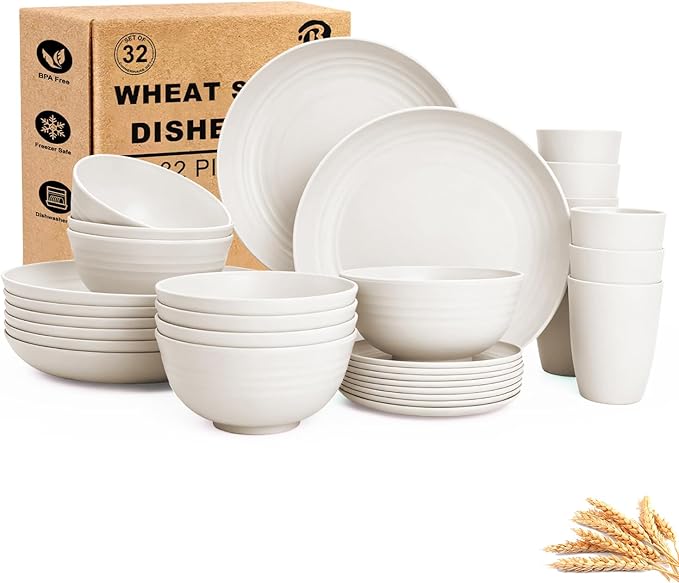 Plates and Bowls Sets for 8 Unbreakable &amp Lightweight Wheat Straw Dinnerware Sets 32 PCS Microwave Safe Dishes Set for 8 Dinner Plate Kitchen Cups and Bowls for Outdoor- White