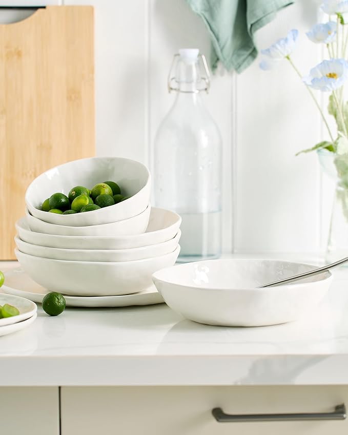 Famiware Porcelain kitchen plates and bowls set Modern dishes set for 4 Handmade Wave Edge Dinnerware Sets Microwave and Dishwasher Safe Tableware Polar White (16pc)
