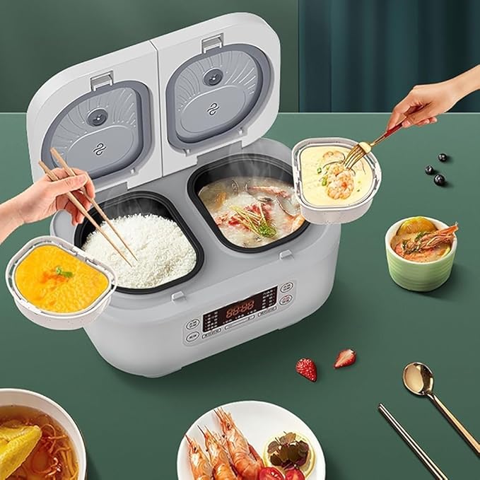 Multi-Function Rice Cooker (1.5L + 1.5L) Double Inner Pots with 12-Hour Timer and Insulation Perfect for 1-3 People