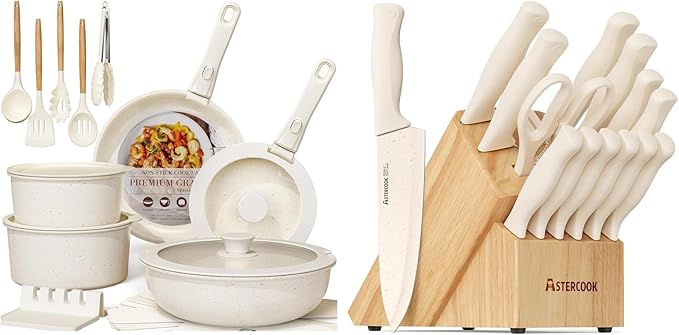 Astercook Ceramic Non-stick Cookware 21 Pcs Pots and Pans Set and 15 Pcs Kitchen Knife Set with Sharpener Block Anti-Rust Coating Elegant Cream White