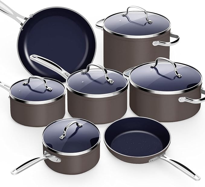 Nuwave 12pc Forged Lightweight Cookware Set G10 Healthy Duralon Ceramic Ultra Non-Stick Coating Vented Tempered Glass Lids Stay-Cool Handles Induction-Ready &amp Works on All Cooktops PFAS Free