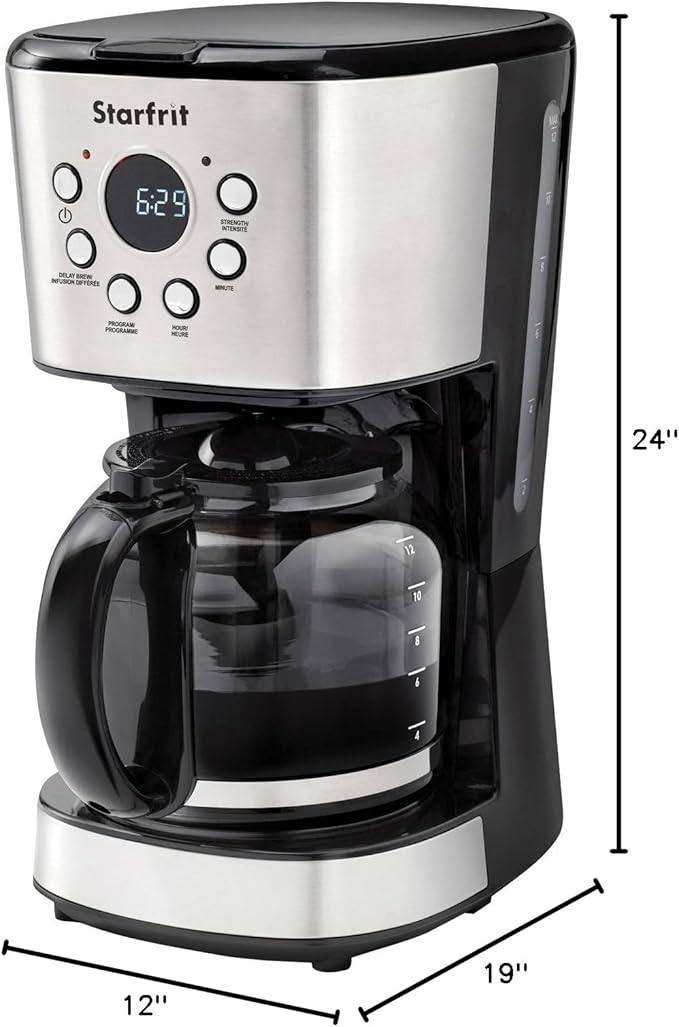 Starfrit Programmable Drip Coffee Maker - 12 Cups - LCF Display - Stainless Steel Design