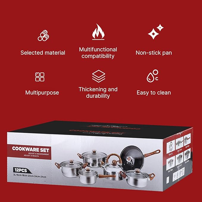 12Pcs Pots and Pans Set Nonstick Stainless Steel Cookware Set with Lids 3L Kettle Induction Compatible Dishwasher Safe PFOS PFOA for Home Kitchen Cooking Silver