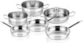 BRA COOKWARE Profesional 9-Piece Stainless Steel Cookware Set | Professional Pots &amp Pans Set | Kitchen Set w/ 2 Pots 1 Sauté Pan 3 Frying Pans 3 Lids | All Heat Sources Compatible | PFOA Free
