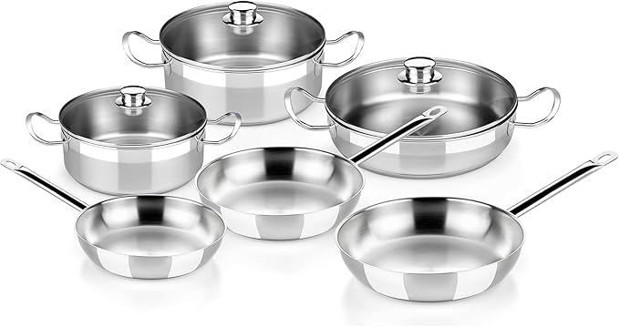 BRA COOKWARE Profesional 9-Piece Stainless Steel Cookware Set | Professional Pots &amp Pans Set | Kitchen Set w/ 2 Pots 1 Sauté Pan 3 Frying Pans 3 Lids | All Heat Sources Compatible | PFOA Free