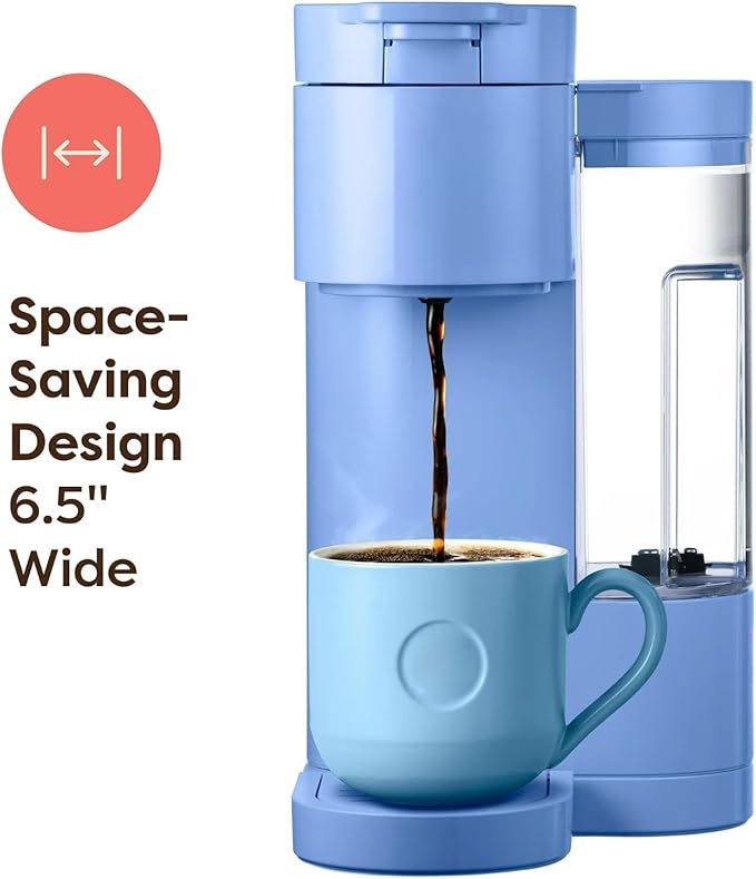 Express Essentials Single-Serve KCup Pod Coffee Maker 3 Cup Sizes Fast Fresh Brew 30oz Removable Water Reservoir Travel Mug Friendly Maintenance Alert Space-Saving (Blue)