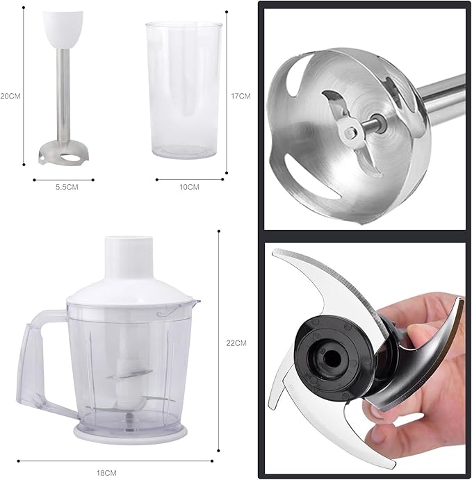 Handheld Immersion Blender with 2-Speed Stirrers Electric Whisk - Kitchen Essentials Set for Food Sauces Soups - Includes Egg-Beater Muddler Cuisine Cup Chopped Meat Bowl - 4-in-1 Hand Blender
