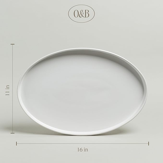 over&ampback Stackable Stoneware Serving Platter - Elegant 1-Piece Oval Serving Platter to Complete Your Kitchen Set - Perfect for Appetizers Desserts and More - 16 L x 11 W - Semi-Matte White