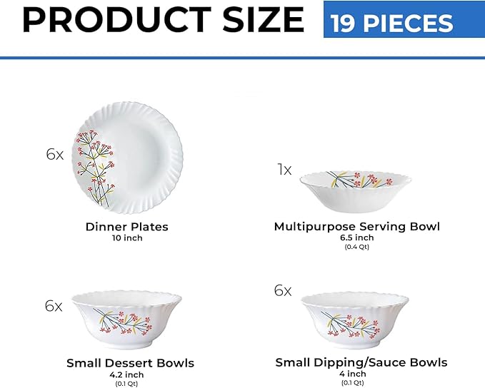 Borosil Gourmet Dinnerware Set For 6 19 Pieces White Dinner Plates and Bowls Sets Chip Resistant Tempered Opal Glass Stain Resistant Dishwasher &amp Microwave Safe Dinner Set For Gifting Serves