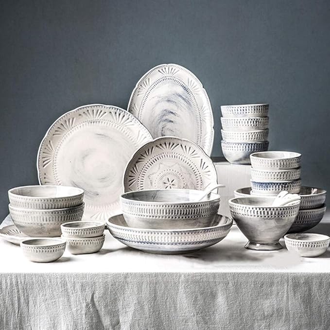 Ceramics Dinner SetsBowl/Dish/Spoon3D Baroque Embossed Texture Dinnerware SetBlue-Gray Tone Porcelain Combination Tableware Set30pieces