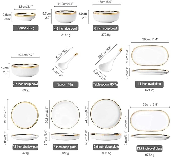 Dinnerware Sets - Luxury Gift Dishes Service Set Dinnerware Sets Service for 2/4/6 Kitchen Plates and Bowls Sets White Luxury Bone China Tableware Nordic Gold Porcelain Dish Set(9Pcs)