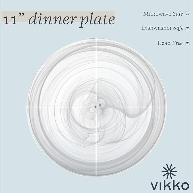 Vikko Dinner Plates Set of 6 White Alabaster Plates 11 Plate with Marbelized Swirl Design Elegant Glass Plate Dishwasher Safe