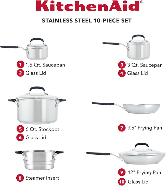 KitchenAid Stainless Steel Cookware/Pots and Pans Set 10 Piece Brushed Stainless Steel
