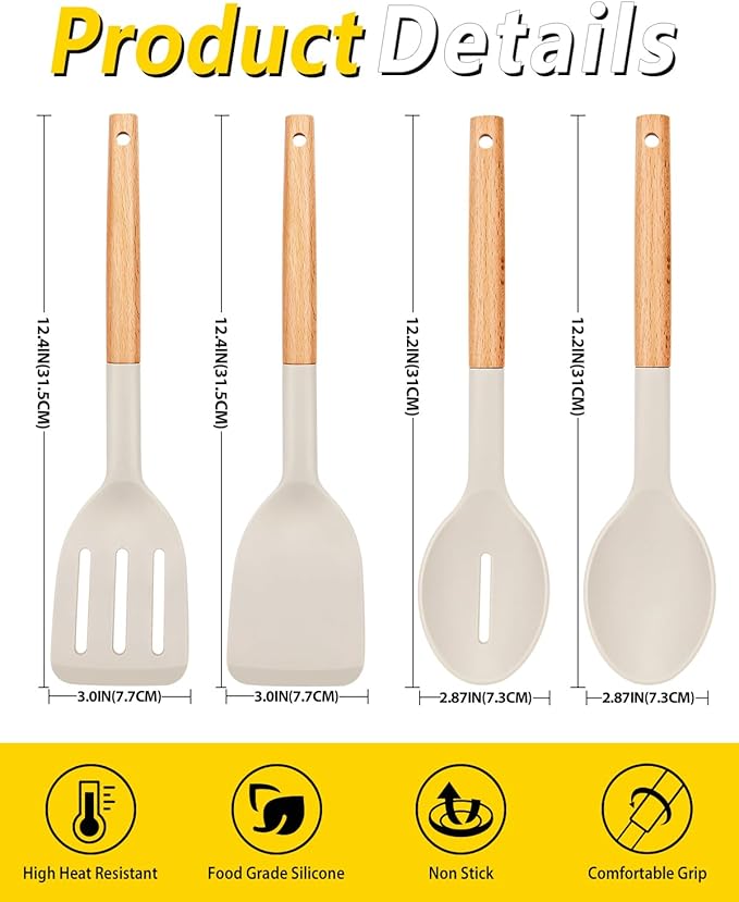 Pack of 4 Silicone Cooking Utensils Set Non Stick Solid Spatulas and Heat Resistant Slotted Spoons with Wooden Handle Ideal Wood Kitchen Utensils Set for FryingServingTurningStirring (KHAKI)