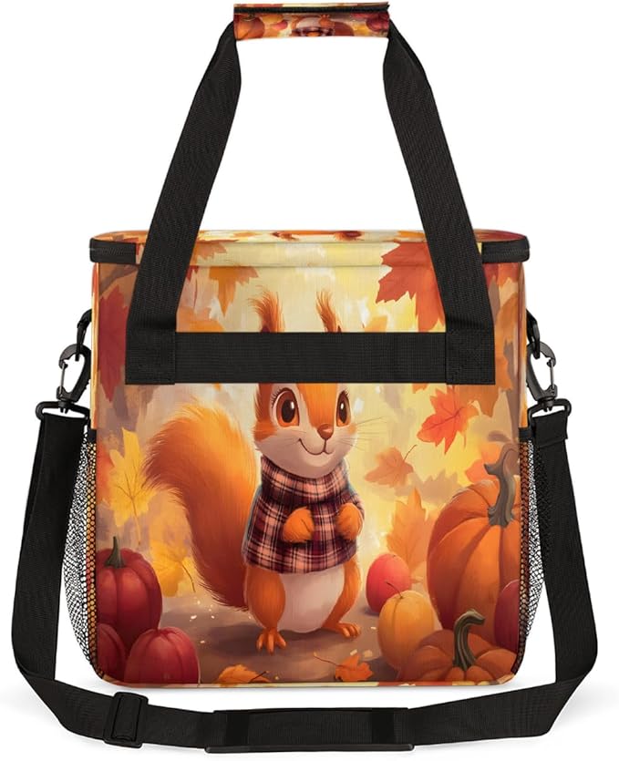 Cartoon Squirrel Pumpkin Maple Leaf Coffee Maker Carring Bag Travel Carrying Storage Tote Bag Compatible with Keurig K-Mini or K-Mini Plus Portable Single Serve Coffee Brewer Case with Pockets