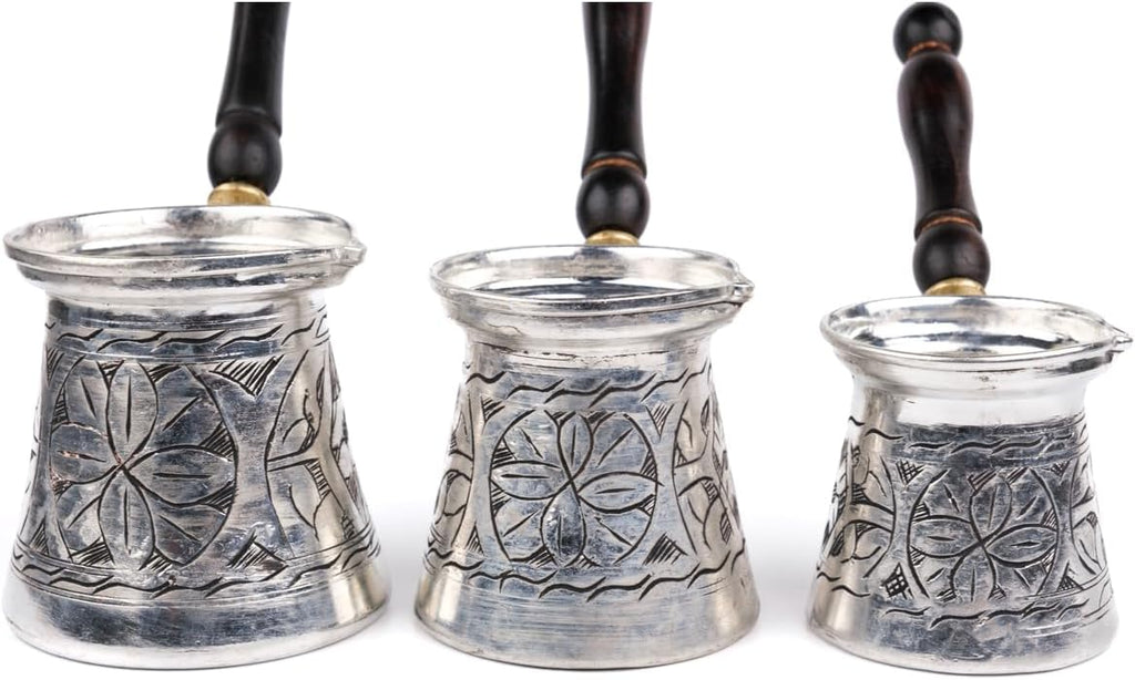 Copper Coffee Pot Set 3 Piece Floral Carved Tin Lined Traditional Turkish Coffee Maker Silver Color One Size - Silver One Size