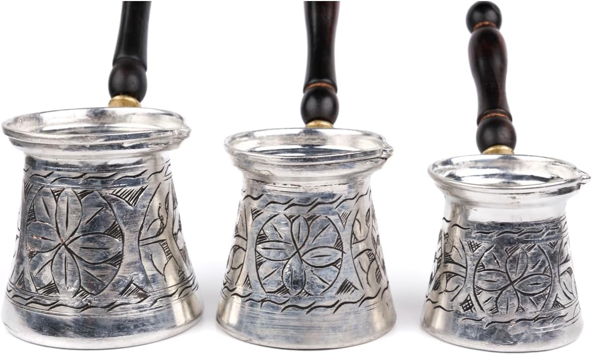 Copper Coffee Pot Set 3 Piece Floral Carved Tin Lined Traditional Turkish Coffee Maker Silver Color One Size - Silver One Size