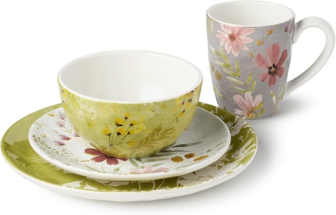 Wildflowers Ceramic 16-Piece DINNERWARE SET SERVICE for FOUR with Floral Watercolor Dinner Plates Salad Plates Mugs and Ice Cream Bowls Artistic Garden-Inspired Botanical Tableware